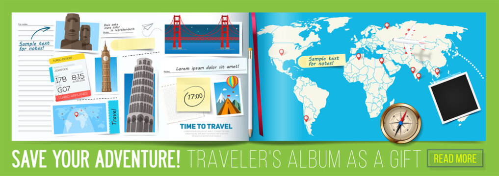 Save your adventure, Stylish trip banner with opened album, photos, notes and stickers. Travel banner concept. Vector
