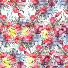 Watercolor seamless floral background, handkerchief, splash of abstract paint. Orchid flowers, poppy, tulip, cornflower, red peony, lily,rose, forgetting. Fashionable, stylish art pattern
