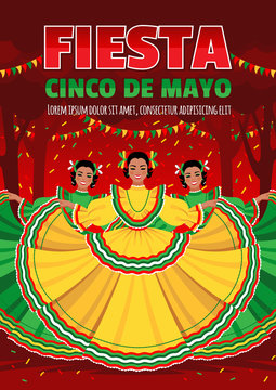 Cinco De Mayo poster design. Dancing girls in colorful dresses on the red background