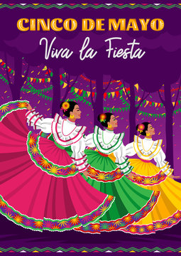 Cinco De Mayo poster design. Dancing girls in colorful dresses on the purple background