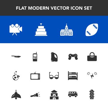 Modern, simple vector icon set with mobile, dessert, kitchen, screen, sweet, joystick, light, building, green, food, television, religion, pie, projector, spaceship, eye, lamp, ball, space, bag icons