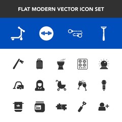 Obraz premium Modern, simple vector icon set with percussion, scooter, transport, kitchen, carriage, vacuum, hammer, musical, lady, cooking, account, home, oven, luggage, cook, gym, screwdriver, bag, stroller icons
