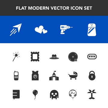 Modern, simple vector icon set with dental, castle, magic, sheriff, sport, dentist, disc, cd, basketball, frame, hand, disk, wand, telephone, picture, dvd, equipment, healthy, photo, travel, fly icons