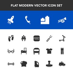 Modern, simple vector icon set with furniture, slipper, child, launch, footwear, spoon, space, sound, spaceship, transport, ball, sandwich, technology, home, glasses, restaurant, sunglasses, bus icons