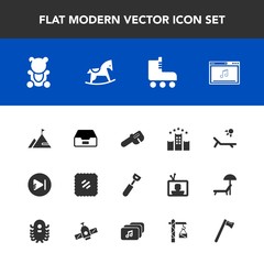 Modern, simple vector icon set with fun, mail, equipment, white, baby, online, element, hotel, cooking, video, spanner, stamp, file, letter, leisure, toy, kitchen, postage, skate, summer, child icons