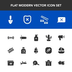 Modern, simple vector icon set with megaphone, tie, speaker, mouth, communication, soap, shovel, fish, nature, desert, cactus, shape, bottle, stroke, chat, elegance, seafood, flash, closed, cake icons