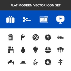 Modern, simple vector icon set with bulb, price, garbage, add, gift, celebration, holiday, mon, japanese, faucet, work, account, box, present, space, arrow, desk, music, energy, sink, tool, sign icons