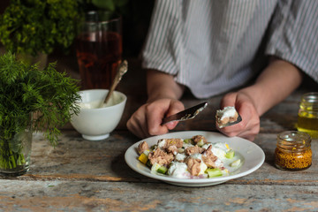 cod liver (seafood salad) cod and vegetable salad - healthy food (fresh vegetable set).  Food background