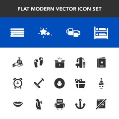 Modern, simple vector icon set with sport, cheeseburger, package, autumn, beer, sack, gardening, avatar, time, slipper, box, alcohol, star, hotel, sky, business, footwear, snack, bar, night, gym icons