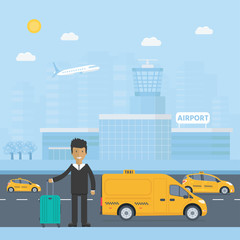 Machine yellow cab with driver in the city. Public truck taxi