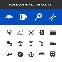 Modern, simple vector icon set with rattle, baby, musical, gardening, pram, cooking, stats, cake, child, data, graph, world, full, cut, music, carriage, summer, grater, katana, global, map, leaf icons