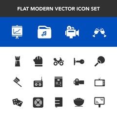 Modern, simple vector icon set with music, menu, video, wine, bike, brush, ping, care, document, table, glass, road, radio, fashion, sport, drink, dress, alcohol, season, business, sound, cold icons