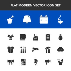 Modern, simple vector icon set with battery, power, child, kitchen, camera, uniform, fork, cooler, bulb, energy, dinner, spoon, clothing, white, full, idea, play, shipping, box, page, notebook icons