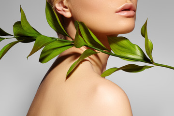 Beautiful woman applies Organic Cosmetic. Spa and Wellness. Model with Clean Skin. Healthcare. Picture with leaf