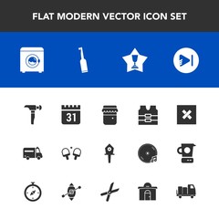 Modern, simple vector icon set with music, closed, health, place, timetable, glass, calendar, play, video, bird, hammer, electric, wash, house, medical, media, clothing, jar, hospital, brush icons