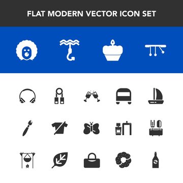Modern, simple vector icon set with bus, scary, character, shirt, bottle, beauty, brush, insect, clothing, sound, drink, red, food, clothes, alcohol, person, wind, hook, transport, cake, glass icons