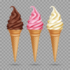 Set of realistic ice cream cones on transparent background. Vector Illustration