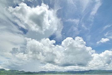The Islands and mountains on reservior in dam. On the day of clouds and cloud reflection in the beautiful water of  KaengKrachan National Park.