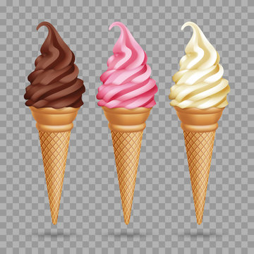 Set Of Realistic Ice Cream Cones On Transparent Background. Vector Illustration
