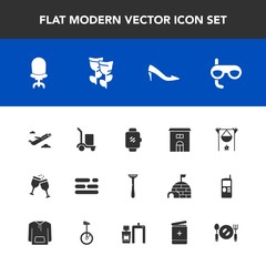 Modern, simple vector icon set with interior, layout, package, technology, armchair, wine, business, hot, home, travel, alcohol, bonfire, delivery, blossom, spring, mask, glass, sport, airplane icons