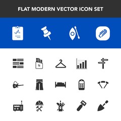 Modern, simple vector icon set with furniture, clip, construction, white, water, paperclip, musical, newspaper, pin, hanger, cloakroom, direction, dessert, paper, data, music, medicine, shovel icons