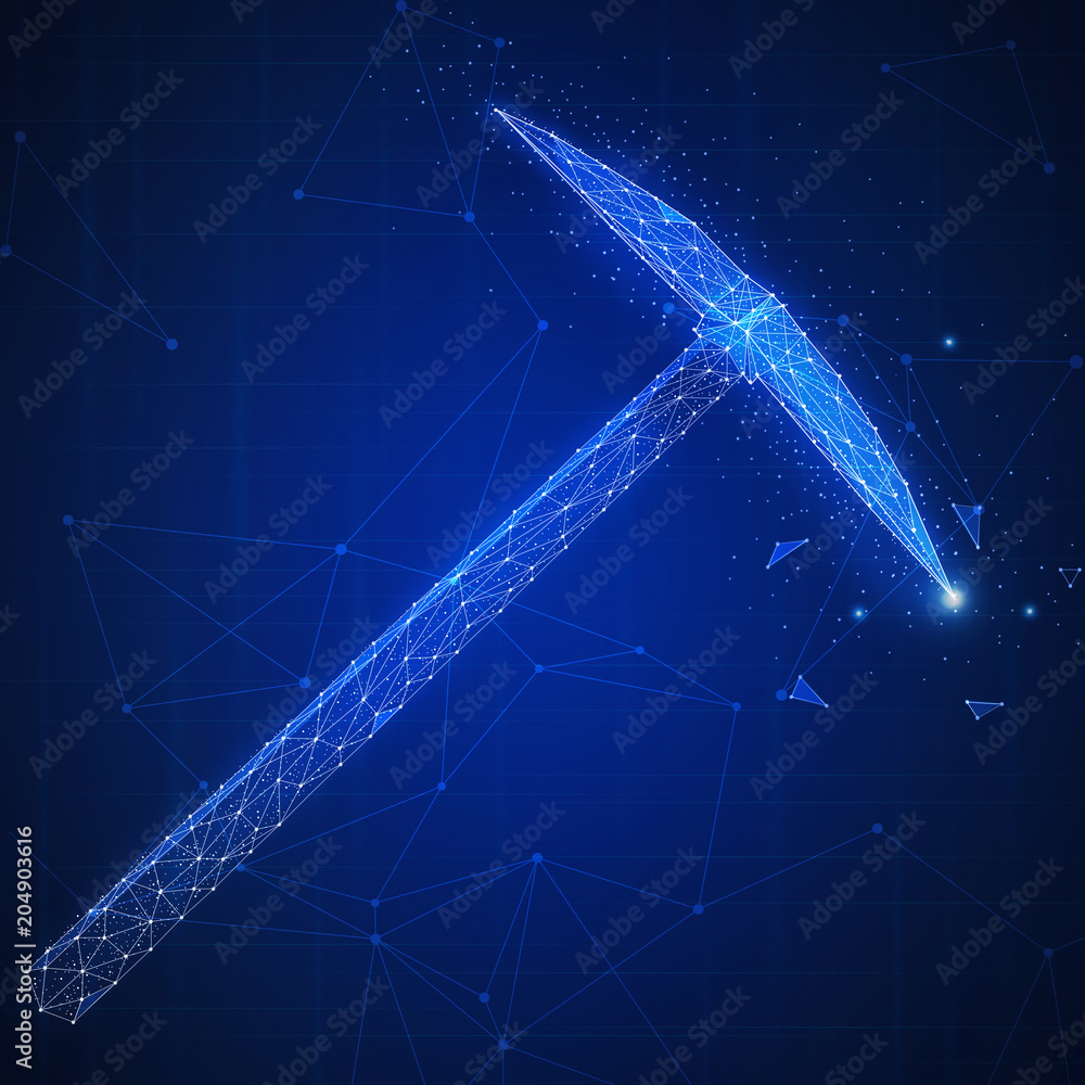 Poster blockchain technology network futuristic hud polygon mining pickaxe on peer to peer blockchain netwo