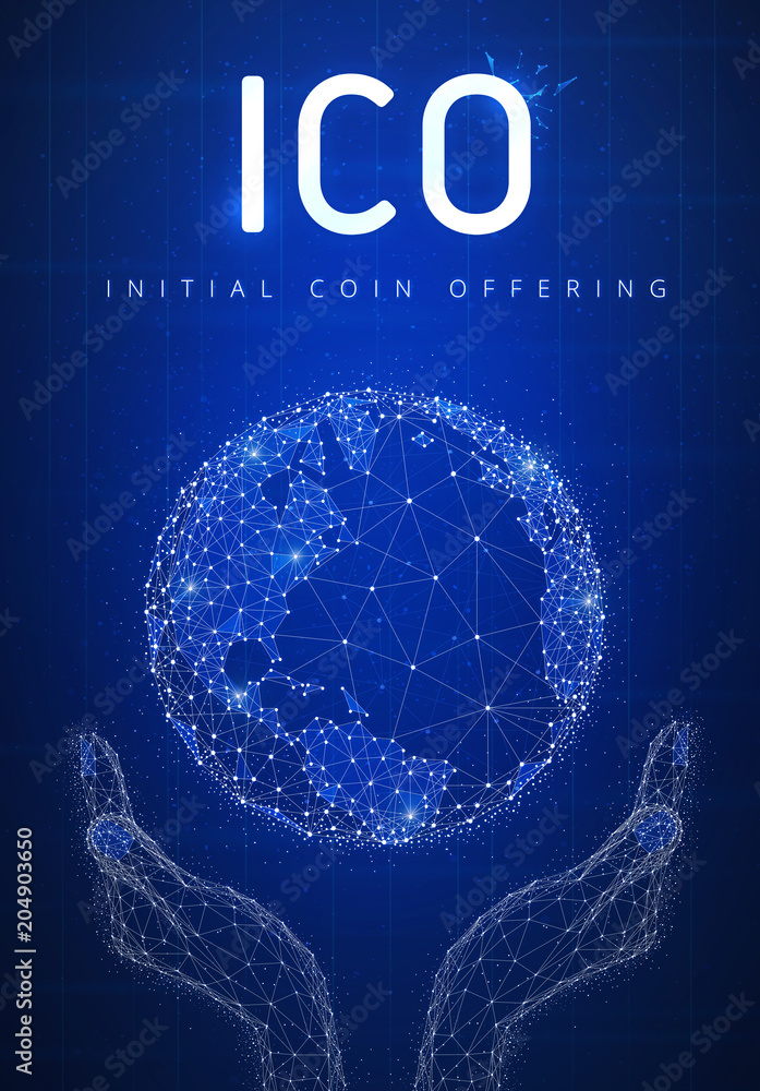 Poster ico initial coin offering futuristic hud background with glowing polygon world globe in hands, block