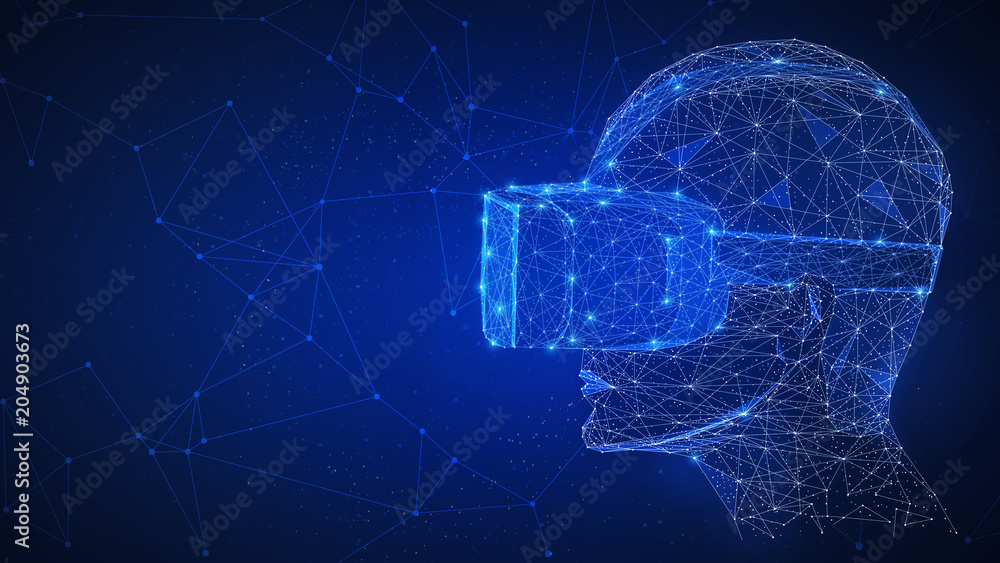 Poster virtual reality technology network futuristic hud polygon human's head with vr headset on peer to pe