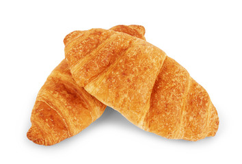 two croissant sprinkled with powdered sugar isolated on a white background closeup