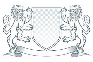 Medieval coat of arms. Two lions hold a shield. Vector Illustration