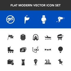 Modern, simple vector icon set with plane, sport, sink, bbq, country, skating, dryer, map, nation, pool, conditioner, hairdryer, file, music, sign, patriotism, mask, location, cooking, meat, air icons