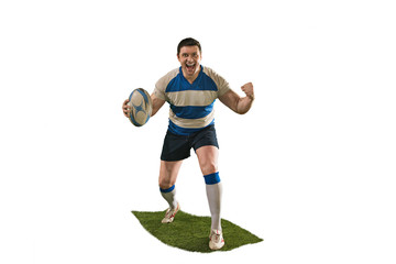 The silhouette of one caucasian rugby man player isolated on white background