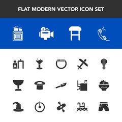 Modern, simple vector icon set with parachuting, armchair, alcohol, gadget, video, parachute, time, watch, plane, communication, airplane, glass, machine, film, oven, flight, dinner, cutlery icons