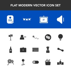 Modern, simple vector icon set with sound, celebration, parachuting, identity, summer, room, sign, home, television, volume, drink, delete, account, pictogram, medical, kite, up, direction, flag icons