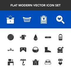 Modern, simple vector icon set with game, white, chat, drop, medicine, car, container, package, clothes, hanger, basket, cardboard, medical, old, female, pack, clinic, wheel, mobile, bag, play icons