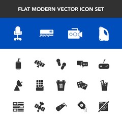 Modern, simple vector icon set with business, office, video, orbit, camera, equipment, talk, space, sport, health, dont, baby, dessert, basketball, game, speech, film, planet, antenna, air, food icons