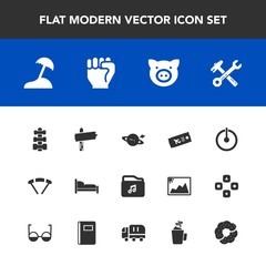 Fototapeta premium Modern, simple vector icon set with human, power, pig, hand, furniture, button, way, space, piglet, extreme, spanner, travel, wrench, business, direction, home, concept, island, sea, planet, off icons