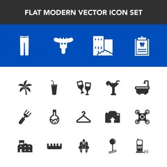 Modern, simple vector icon set with toilet, patient, pants, technology, spoon, dentistry, juice, drink, real, dinner, tool, sign, fashion, clothes, glass, dental, food, trousers, business, fork icons