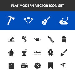 Modern, simple vector icon set with jump, wrench, mail, fun, guitar, milk, airplane, fitness, ball, floral, bike, spanner, music, bottle, food, extreme, parachuting, spring, post, travel, rubber icons