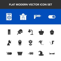 Modern, simple vector icon set with home, , dessert, cream, doughnut, science, blossom, technology, nature, lamp, signal, house, war, trousers, flower, document, real, antenna, food, weapon, pie icons