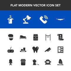 Modern, simple vector icon set with clothing, paper, athlete, button, exercise, hipster, document, office, jewelry, room, play, home, wind, interior, retro, accessory, phone, couch, style, file icons
