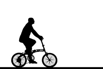 Silhouette man and bike relaxing on white background.