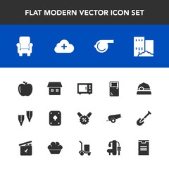 Modern, simple vector icon set with healthy, food, sign, package, play, furniture, gym, summer, price, box, delivery, bed, fresh, sale, sea, building, estate, underwater, poker, whistle, sport icons