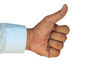 Hand with thumb up  on white background.