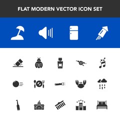 Modern, simple vector icon set with sound, white, volume, beach, fork, butterfly, lamp, fun, weapon, refrigerator, holiday, eraser, palm, household, music, celebration, island, bug, pin, gun, up icons