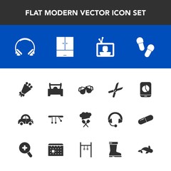 Modern, simple vector icon set with fashion, seafood, pub, vehicle, bar, garden, work, chief, transport, footwear, food, beautiful, bouquet, tv, alcohol, sign, music, cut, flower, chart, floral icons