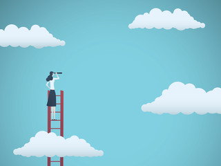 Business vision vector concept with business woman standing on top of ladder above clouds. Symbol of new opportunities, career ladder, visionary, success, promotion. © jozefmicic