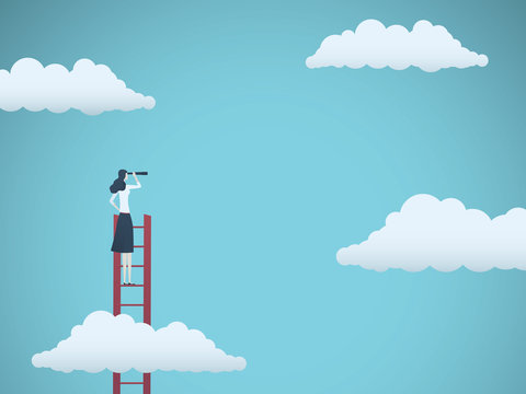 Business Vision Vector Concept With Business Woman Standing On Top Of Ladder Above Clouds. Symbol Of New Opportunities, Career Ladder, Visionary, Success, Promotion.
