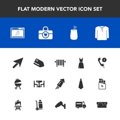 Modern, simple vector icon set with cake, fashion, barbecue, heater, music, family, online, center, jacket, tag, dress, support, hygiene, celebration, sign, discount, price, headset, boiler, pie icons