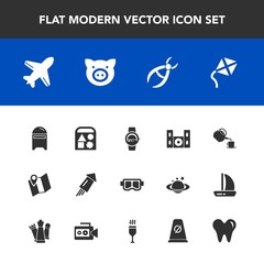 Modern, simple vector icon set with location, pin, mask, ball, mailbox, time, water, technology, speaker, plane, drill, smart, kite, letter, airplane, summer, gadget, watch, toy, cinema, play icons